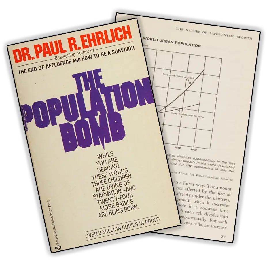 The Population Bomb book cover alongside a page from The Limits to Growth showing a world urban population chart