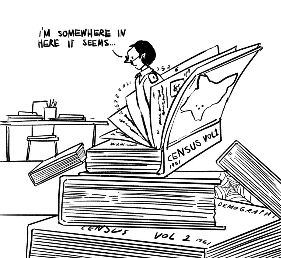 Census official buried in stacks of census volumes